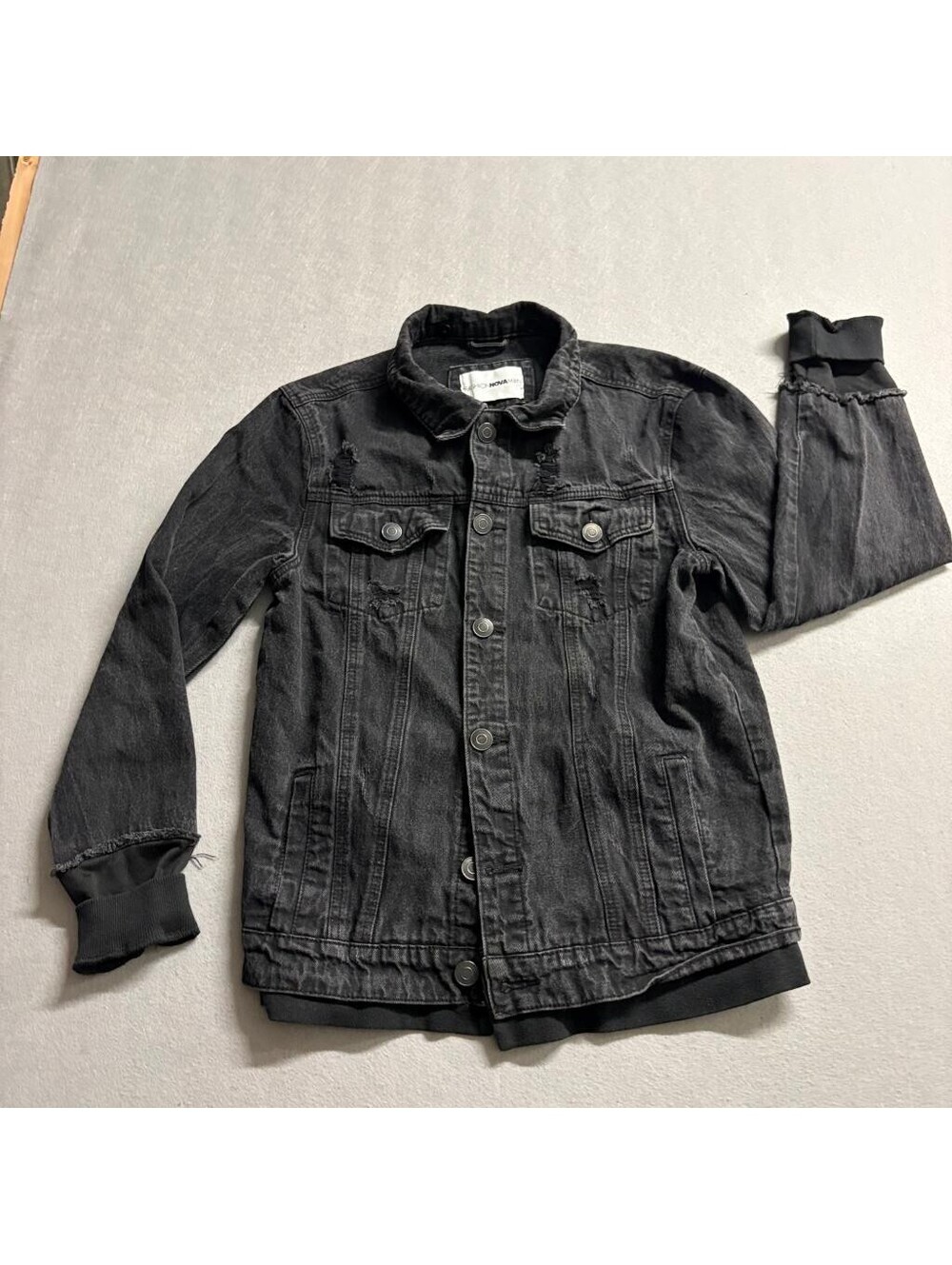 Fashion Nova Men Distressed Denim Jacket Medium Black Ribbed Trim DK140